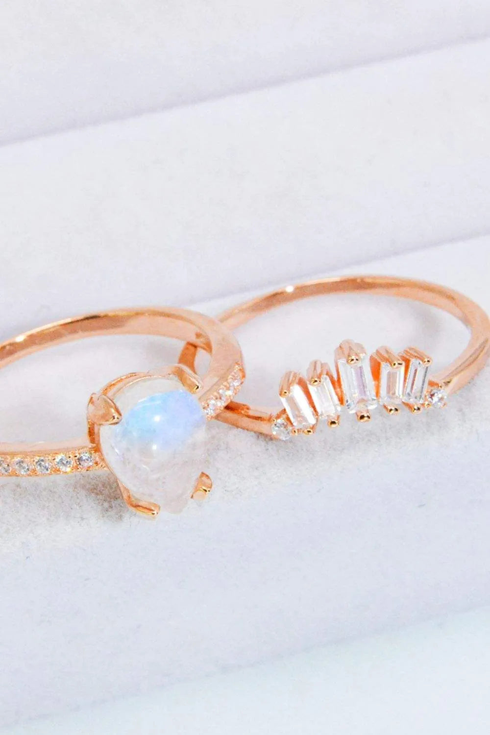 Natural Moonstone and Zircon 18K Rose Gold-Plated Two-Piece Ring Set Moonstone - Tophatter Daily Deals